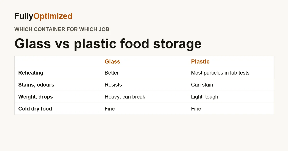 Glass vs plastic food storage compared on microwave use, stains, weight, breakage and particle release